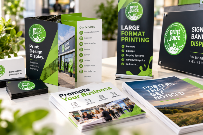 Business printing including brochures, flyers, business cards, banners and signage