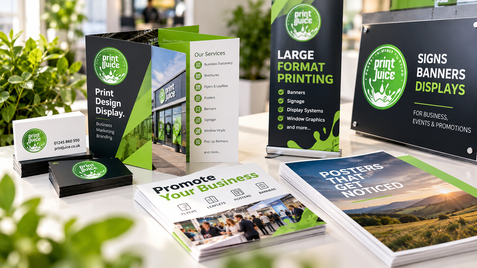 Business printing including brochures, flyers, business cards, banners and signage